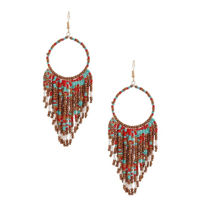 Red and Gold Bead Fringe Circle Earrings