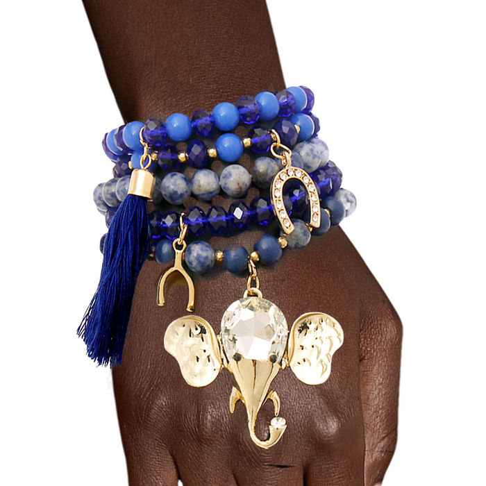 Blue Bead Elephant Charm Bracelet Set- Order Wholesale