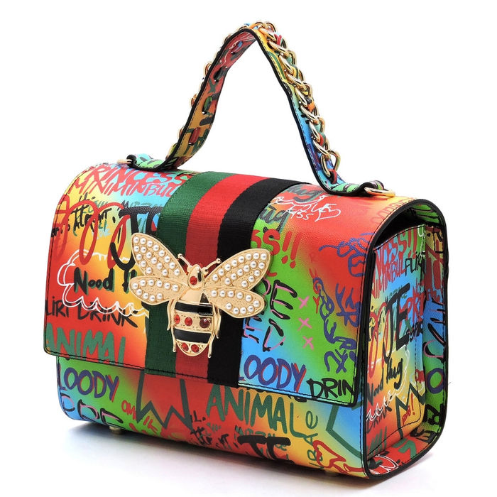Designer Black Graffiti Satchel Bag Set