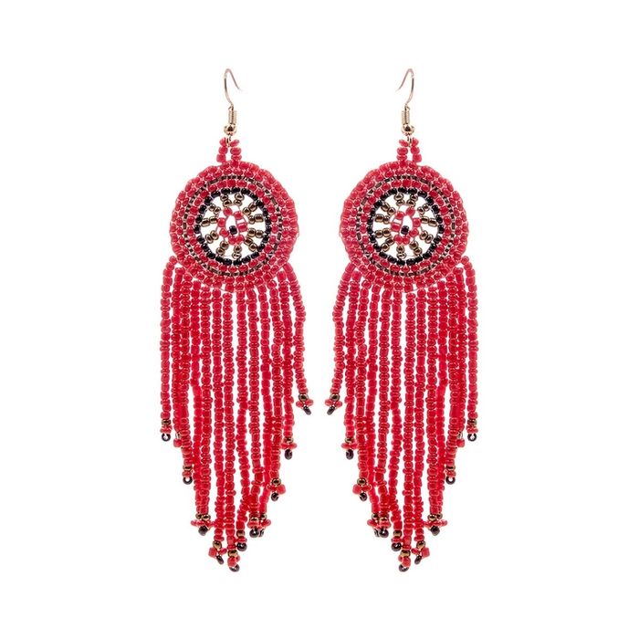 Red Seed Bead Fringe Round Earrings Order Wholesale