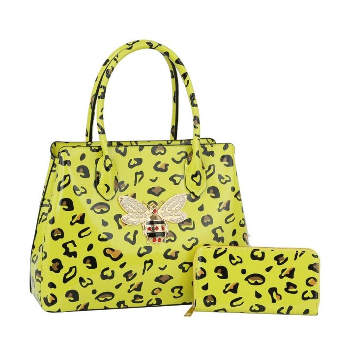 Neon Yellow Leopard Patent Handbag Set Order Wholesale