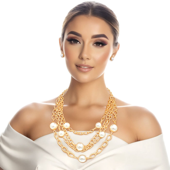 Cream Pearl 4 Layer Chain Link Necklace Order Wholesale