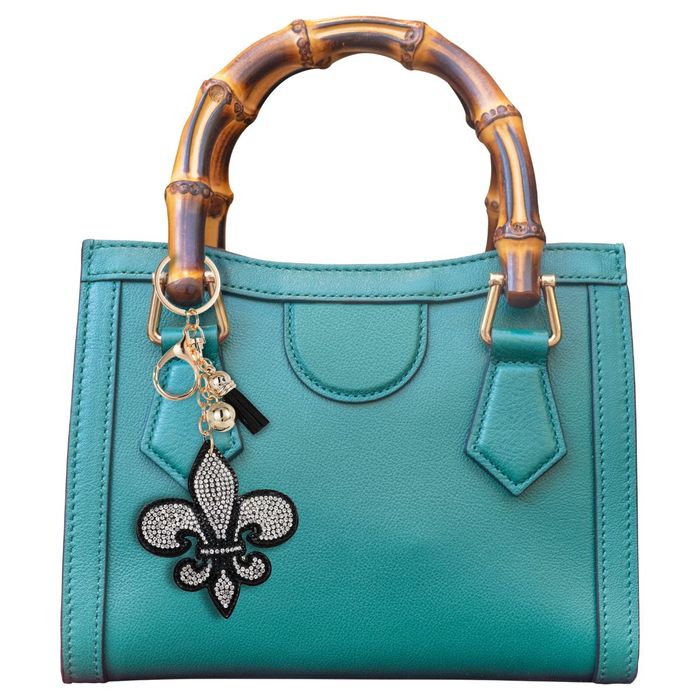 Silver Fleur De Lis Rhinestone Puffy Tassel Key Chain Purse Charm Handbag  Accessory