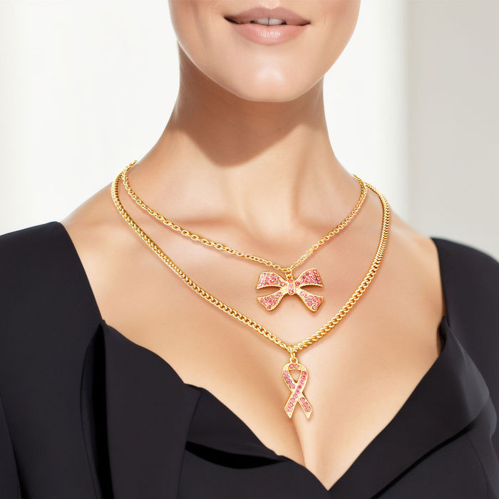 Pink Ribbon Double Layer Gold Necklace Set- Order Wholesale