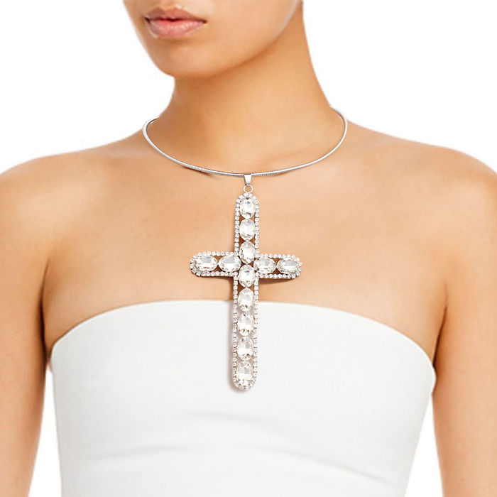 SINLEERY Silver Color Rhinestone Cross Stainless steel Pendant Necklace  Chain For Women And Girl Choker Free Shipping