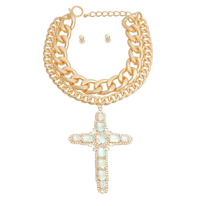 Chunky Aurora Borealis Jumbo Cross Necklace- Order Wholesale