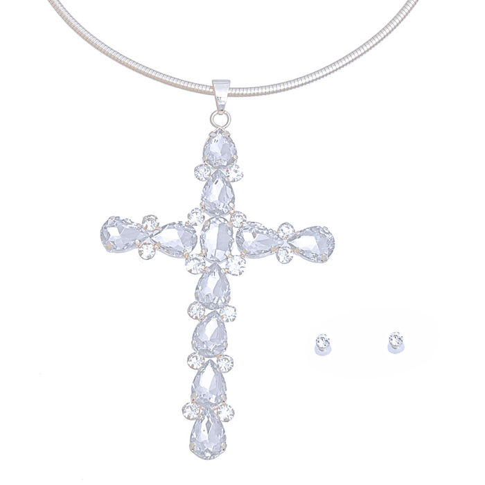 Silver Teardrop Crystal Cross Necklace- Order Wholesale