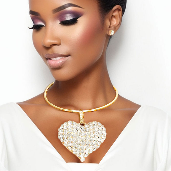 Gold Rigid Collar XL Rhinestone Heart Set Order Wholesale